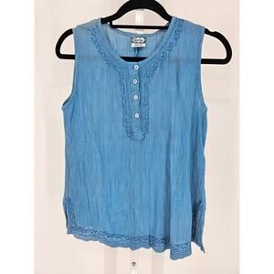 Vintage Geeta Womens Free Size Sleeveless Blouse Crinkle Blue Embroidered
